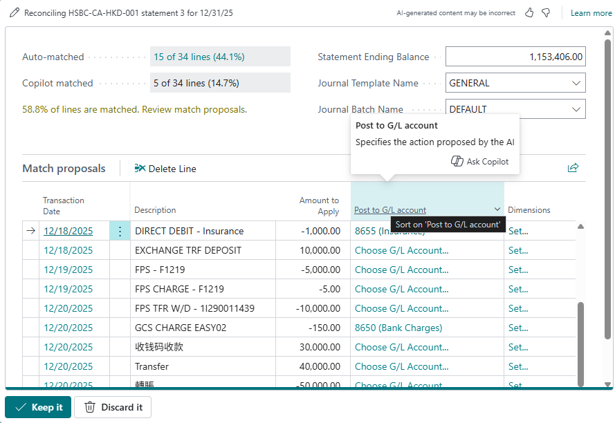 BC Screen: Analysis report explanations and suggestions for accounts to be accounted for.